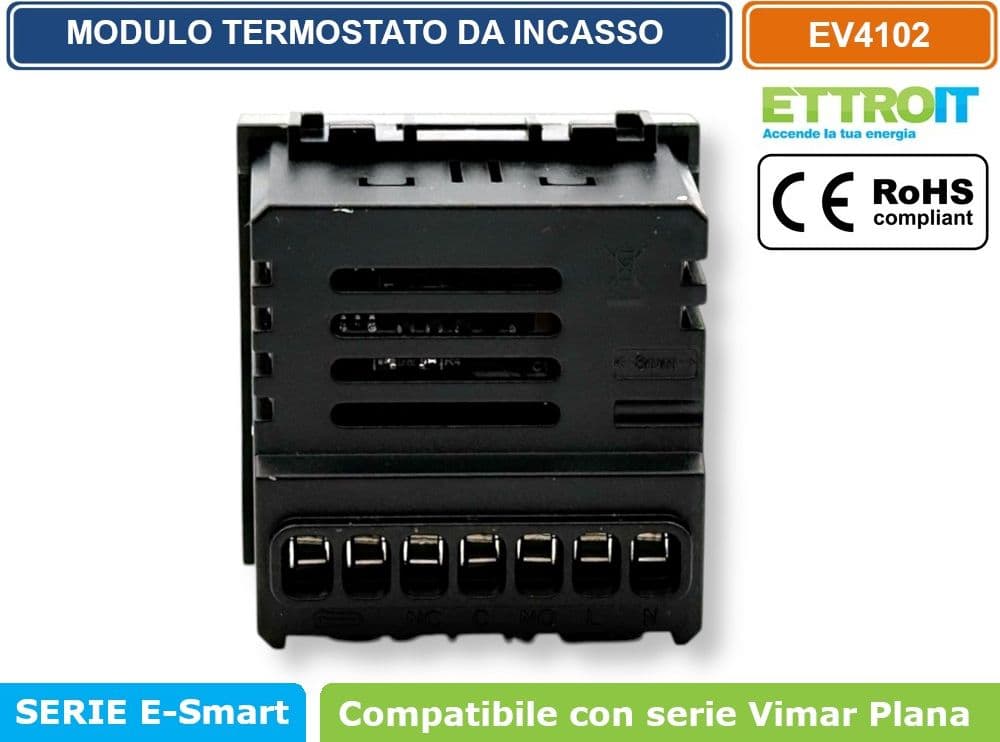 MODULO TERMOSTATO PROGRAMMABILE DA INCASSO 2P 240V DISPLAY TOUCH COMPATIBILE CON VIMAR SERIE PLANA - ETTROIT - 4