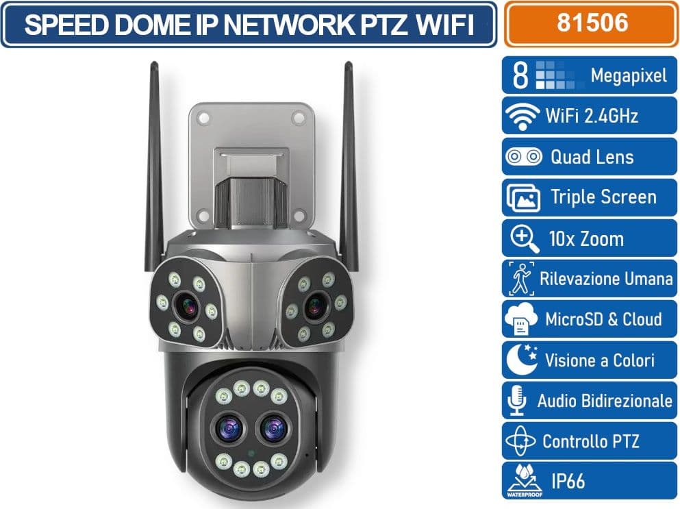 TELECAMERA SPEED DOME PTZ IP NETWORK 8MP CON QUATTRO LENTI ANALISI INTELLIGENTE AUDIO BIDIREZIONALE ZOOM 10X IP66 - 2