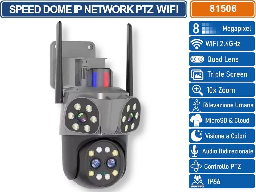 TELECAMERA SPEED DOME PTZ IP NETWORK 8MP CON QUATTRO LENTI ANALISI INTELLIGENTE AUDIO BIDIREZIONALE ZOOM 10X IP66 - 3