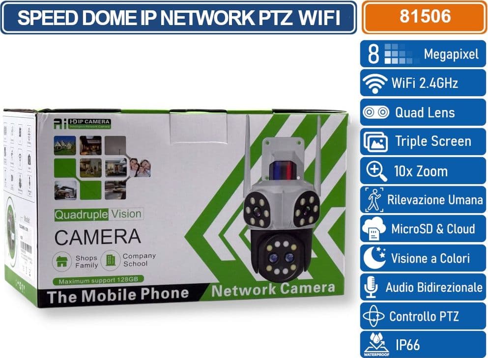 TELECAMERA SPEED DOME PTZ IP NETWORK 8MP CON QUATTRO LENTI ANALISI INTELLIGENTE AUDIO BIDIREZIONALE ZOOM 10X IP66 - 4