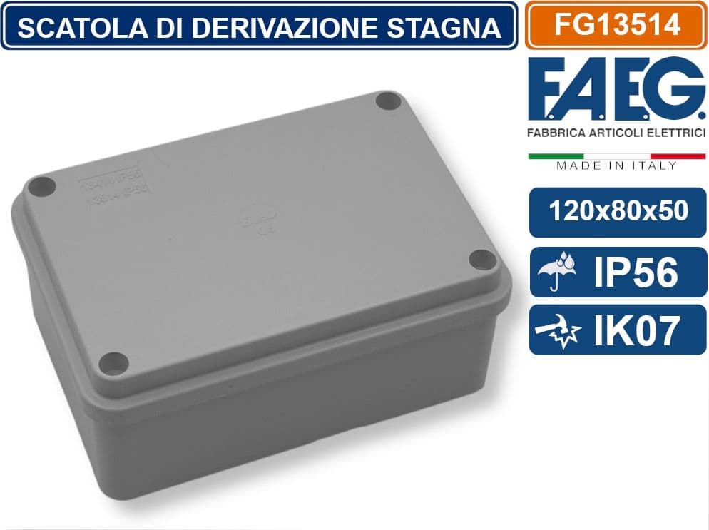 FAEG FG13514 SCATOLA DI GIUNZIONE DERIVAZIONE STAGNA IP56 CON PARETI LISCE 120X80X50 EN60670-1 / EN60670-22 - 2