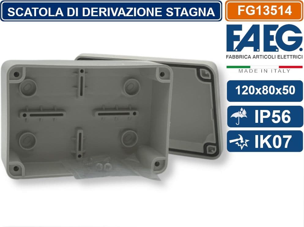 FAEG FG13514 SCATOLA DI GIUNZIONE DERIVAZIONE STAGNA IP56 CON PARETI LISCE 120X80X50 EN60670-1 / EN60670-22 - 3