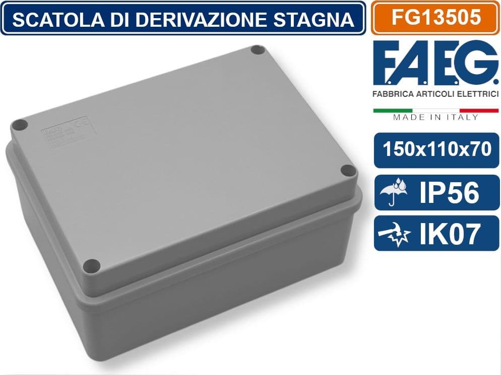 FAEG FG13505 SCATOLA DI GIUNZIONE DERIVAZIONE STAGNA IP56 CON PARETI LISCE 150X110X70 EN60670-1 / EN60670-22 - 2