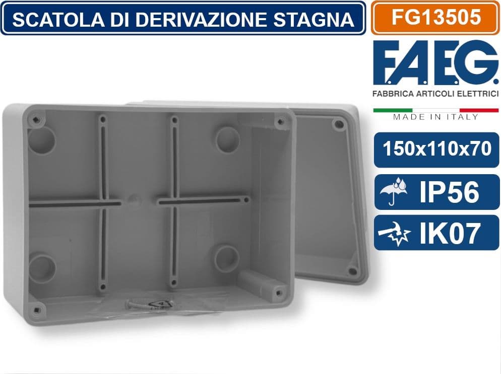 FAEG FG13505 SCATOLA DI GIUNZIONE DERIVAZIONE STAGNA IP56 CON PARETI LISCE 150X110X70 EN60670-1 / EN60670-22 - 3