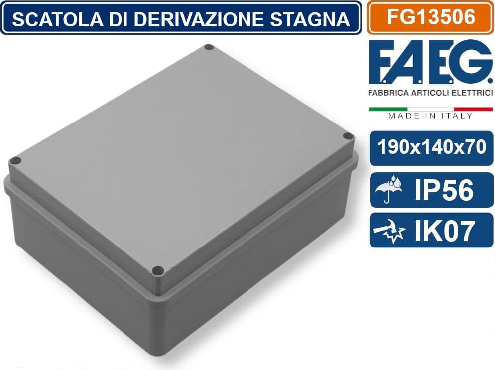 FAEG FG13506 SCATOLA DI GIUNZIONE DERIVAZIONE STAGNA IP56 CON PARETI LISCE 190X140X70 EN60670-1 / EN60670-22 - 2