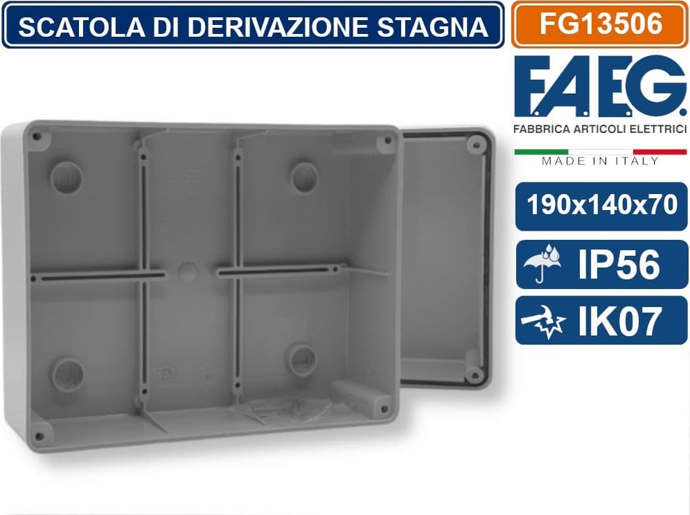 FAEG FG13506 SCATOLA DI GIUNZIONE DERIVAZIONE STAGNA IP56 CON PARETI LISCE 190X140X70 EN60670-1 / EN60670-22 - 3