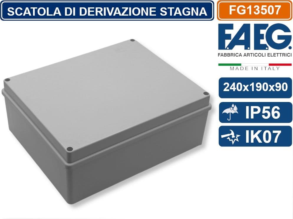 FAEG FG13507 SCATOLA DI GIUNZIONE DERIVAZIONE STAGNA IP56 CON PARETI LISCE 240X190X90 EN60670-1 / EN60670-22 - 2