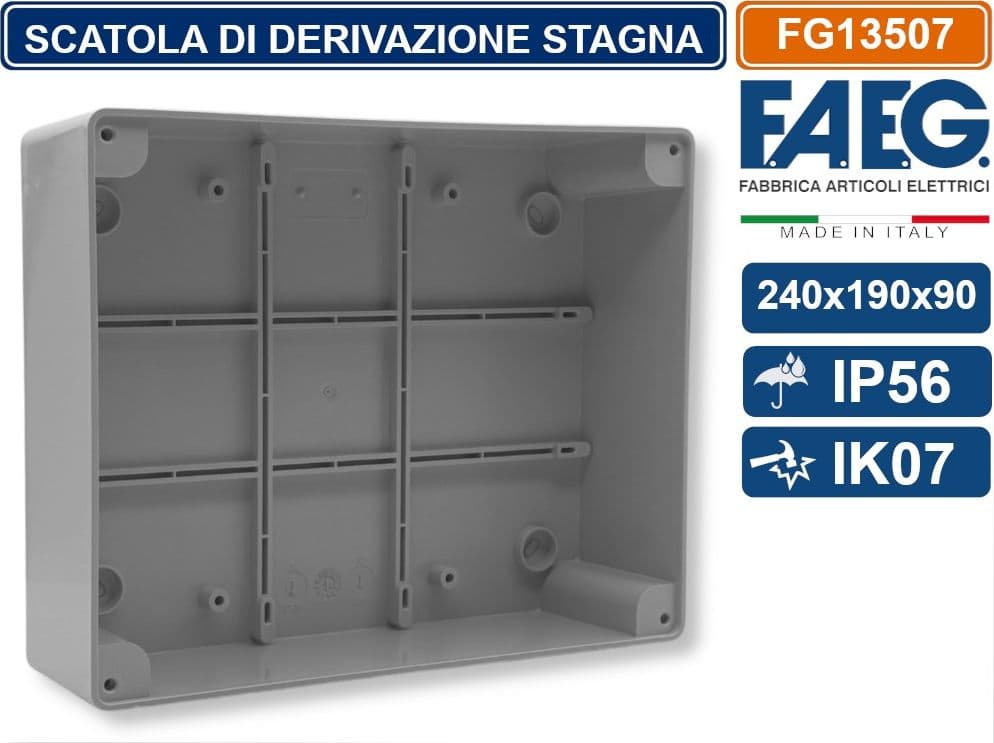 FAEG FG13507 SCATOLA DI GIUNZIONE DERIVAZIONE STAGNA IP56 CON PARETI LISCE 240X190X90 EN60670-1 / EN60670-22 - 3