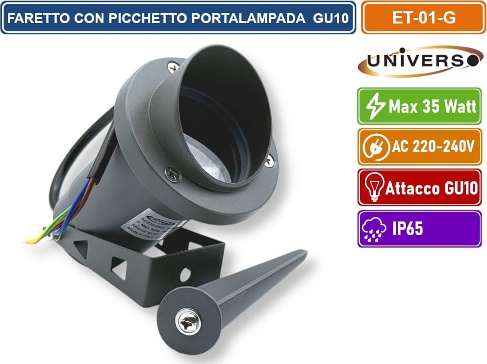 UNIVERSO ET-01-G PORTAFARETTO DA GIARDINO CON PORTALAMPADA PER LAMPADINE GU10 PICCHETTO DA INTERRAMENTO IN ALLUMINIO GRIGIO