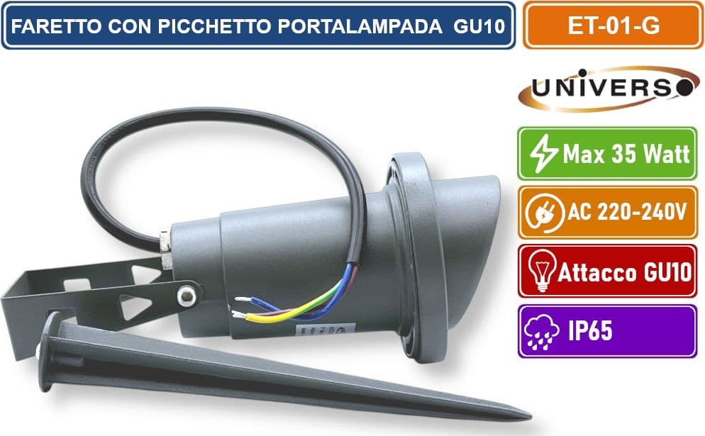 UNIVERSO ET-01-G PORTAFARETTO DA GIARDINO CON PORTALAMPADA PER LAMPADINE GU10 PICCHETTO DA INTERRAMENTO IN ALLUMINIO GRIGIO - 2