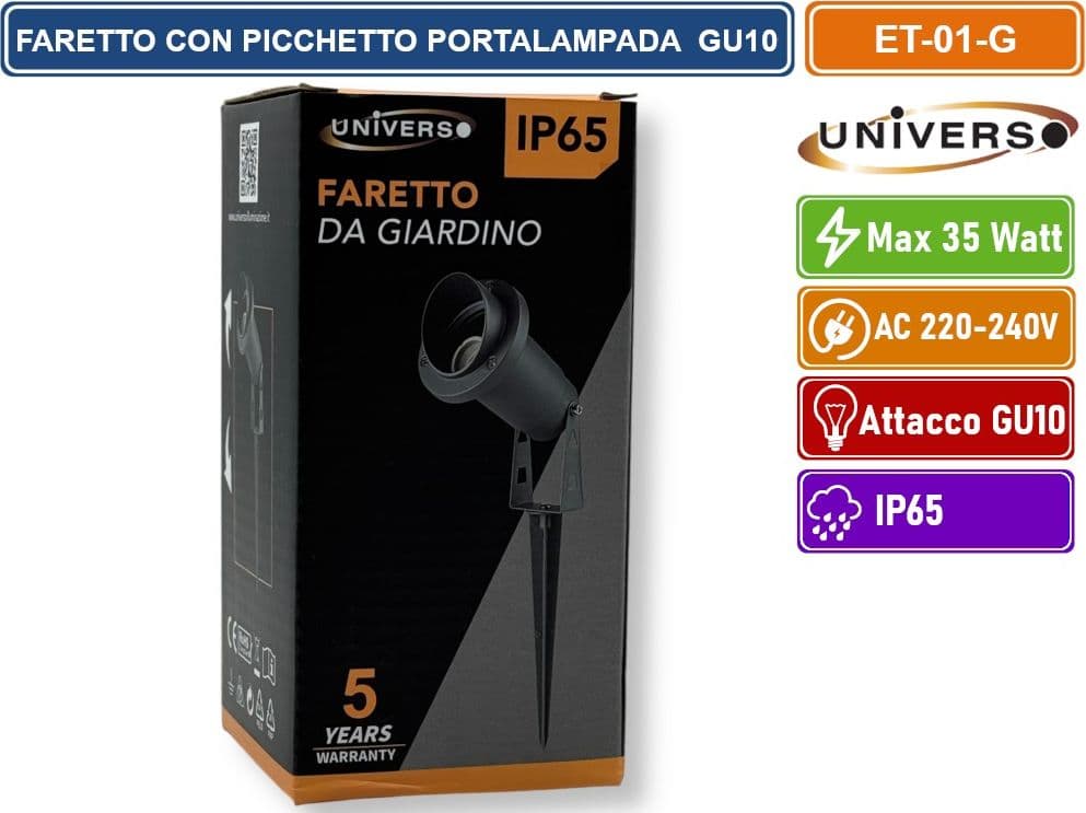 UNIVERSO ET-01-G PORTAFARETTO DA GIARDINO CON PORTALAMPADA PER LAMPADINE GU10 PICCHETTO DA INTERRAMENTO IN ALLUMINIO GRIGIO - 3