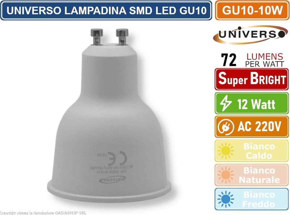 CONFEZIONE 5 PEZZI UNIVERSO GU10-12W LAMPADINA LED GU10 12W FARETTO SPOTLIGHT 110° 870 LUMEN - 3000K 4000K - 6500K - 2