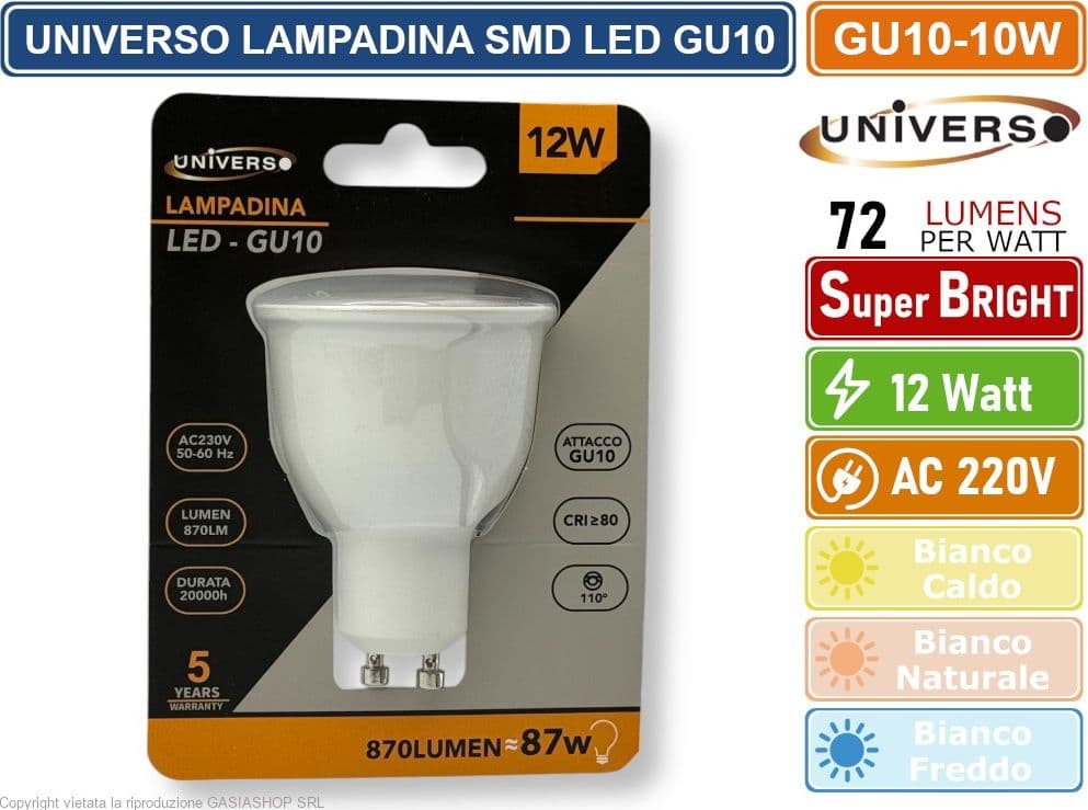 CONFEZIONE 5 PEZZI UNIVERSO GU10-12W LAMPADINA LED GU10 12W FARETTO SPOTLIGHT 110° 870 LUMEN - 3000K 4000K - 6500K - 4