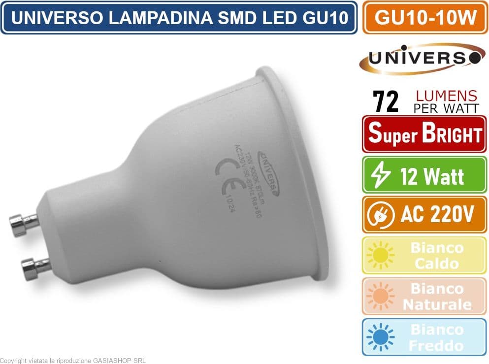 CONFEZIONE 20 PEZZI UNIVERSO GU10-12W LAMPADINA LED GU10 12W FARETTO SPOTLIGHT 110° 870 LUMEN - 3000K 4000K - 6500K - 3