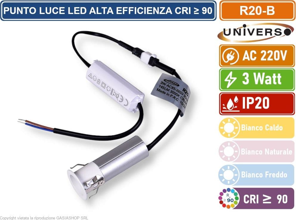 UNIVERSO R20-B FARO FARETTO LED PUNTO LUCE SPOT LIGHT ROTONDO COLORE BIANCO ARGENTO DA INCASSO 3W 3000K 4000K 6500K IP20 - 4