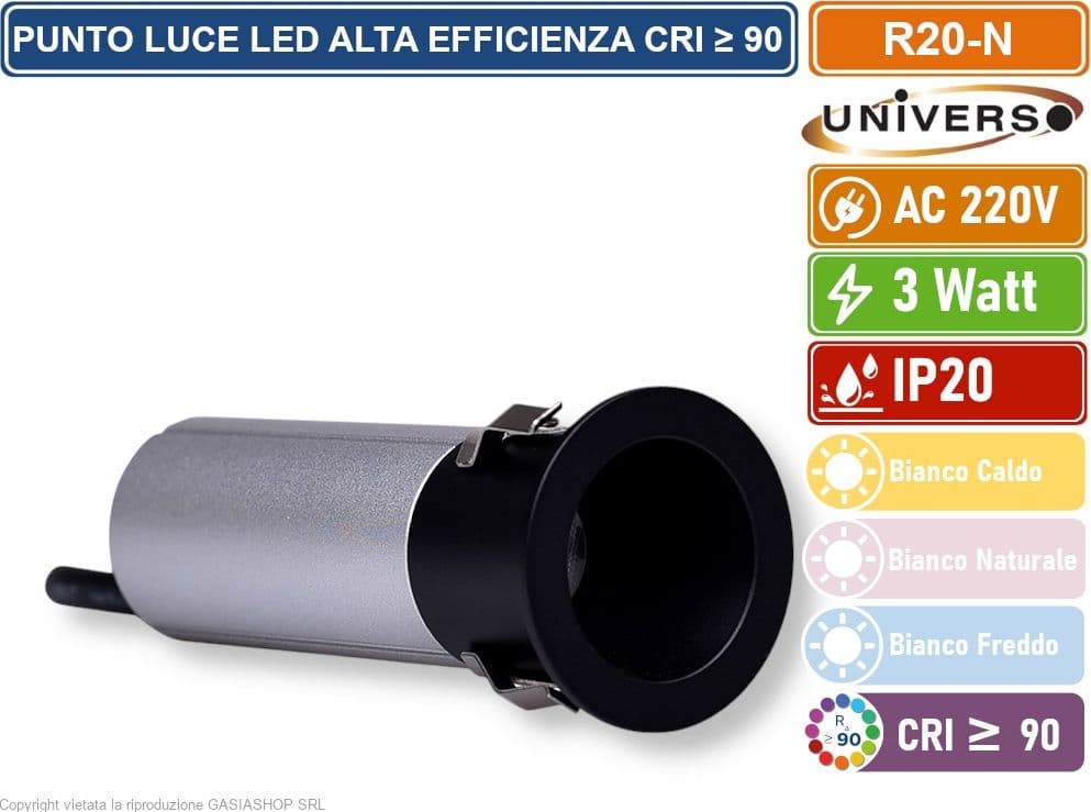 UNIVERSO R20-N FARO FARETTO LED PUNTO LUCE SPOT LIGHT ROTONDO COLORE NERO ARGENTO DA INCASSO 3W 3000K 4000K 6500K IP20 - 2