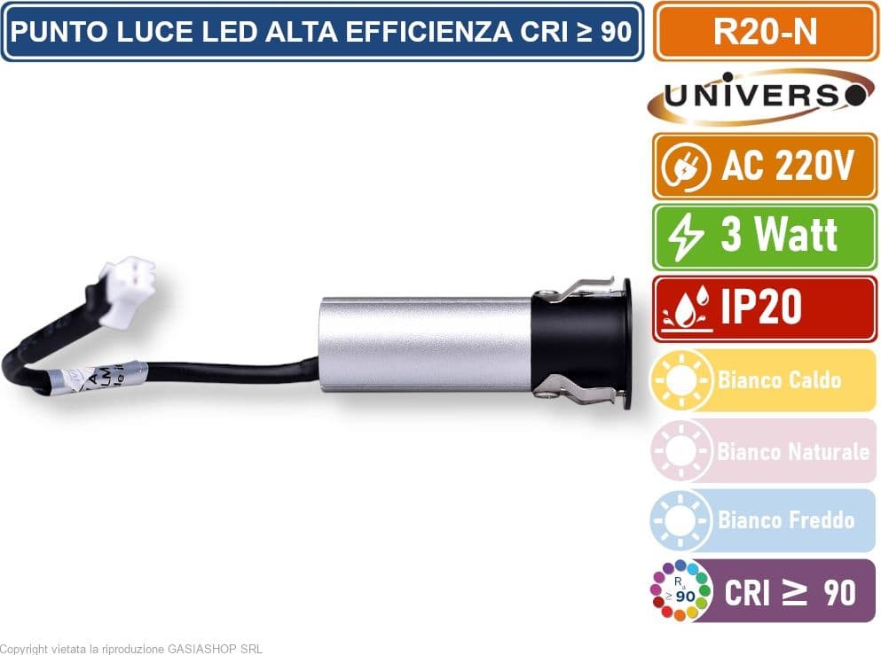 UNIVERSO R20-N FARO FARETTO LED PUNTO LUCE SPOT LIGHT ROTONDO COLORE NERO ARGENTO DA INCASSO 3W 3000K 4000K 6500K IP20 - 3