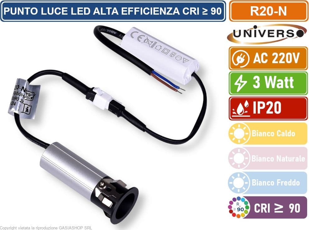 UNIVERSO R20-N FARO FARETTO LED PUNTO LUCE SPOT LIGHT ROTONDO COLORE NERO ARGENTO DA INCASSO 3W 3000K 4000K 6500K IP20 - 4