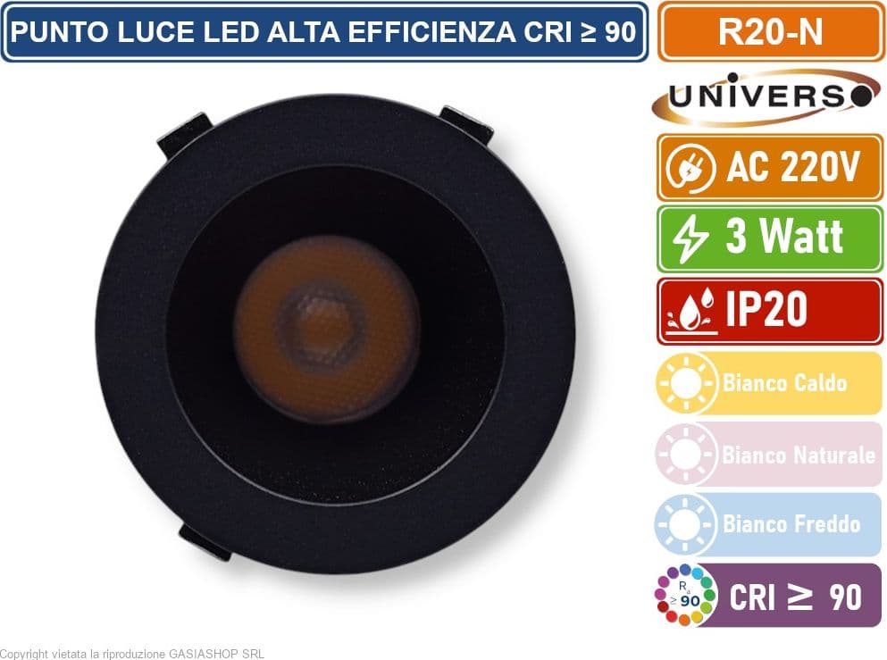 UNIVERSO R20-N FARO FARETTO LED PUNTO LUCE SPOT LIGHT ROTONDO COLORE NERO ARGENTO DA INCASSO 3W 3000K 4000K 6500K IP20 - 5