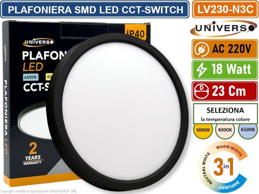 UNIVERSO LV-230-N3C PLAFONIERA ULTRA SLIM SMD LED 18W ROTONDA 23CM IP40 COLORE NERO CCT 3 IN 1 CAMBIA COLORE LUCE