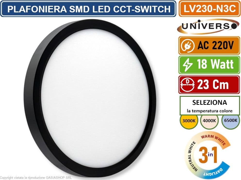 UNIVERSO LV-230-N3C PLAFONIERA ULTRA SLIM SMD LED 18W ROTONDA 23CM IP40 COLORE NERO CCT 3 IN 1 CAMBIA COLORE LUCE - 2
