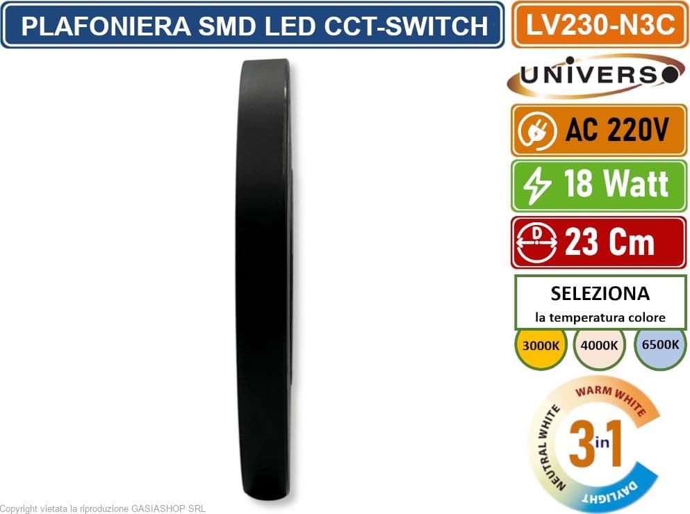 UNIVERSO LV-230-N3C PLAFONIERA ULTRA SLIM SMD LED 18W ROTONDA 23CM IP40 COLORE NERO CCT 3 IN 1 CAMBIA COLORE LUCE - 4