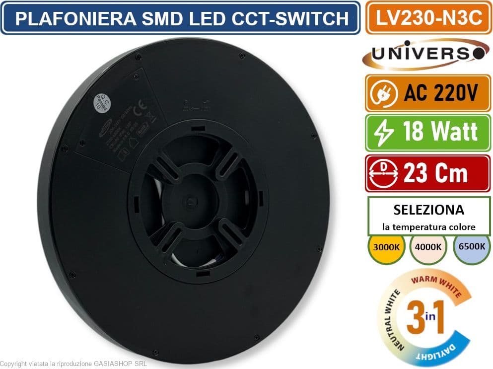 UNIVERSO LV-230-N3C PLAFONIERA ULTRA SLIM SMD LED 18W ROTONDA 23CM IP40 COLORE NERO CCT 3 IN 1 CAMBIA COLORE LUCE - 5
