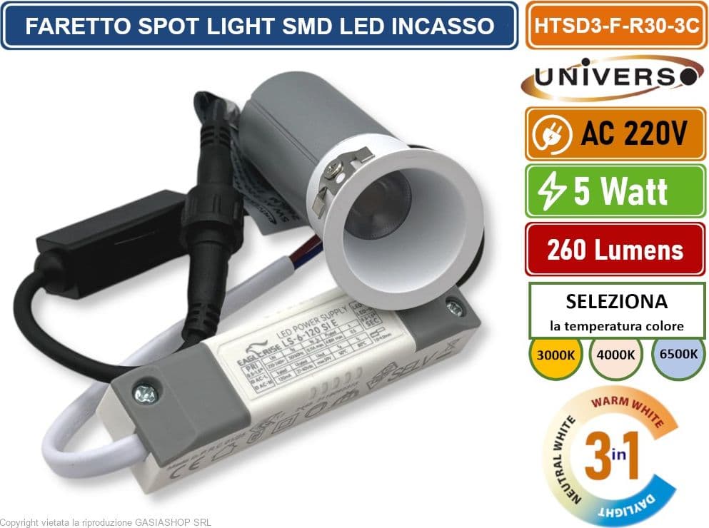 UNIVERSO HTSD3-F-R30-3C FARO FARETTO LED PUNTO LUCE SPOT LIGHT ROTONDO COLORE BIANCO ARGENTO DA INCASSO 5W CCT SWITCH IP20 - 2