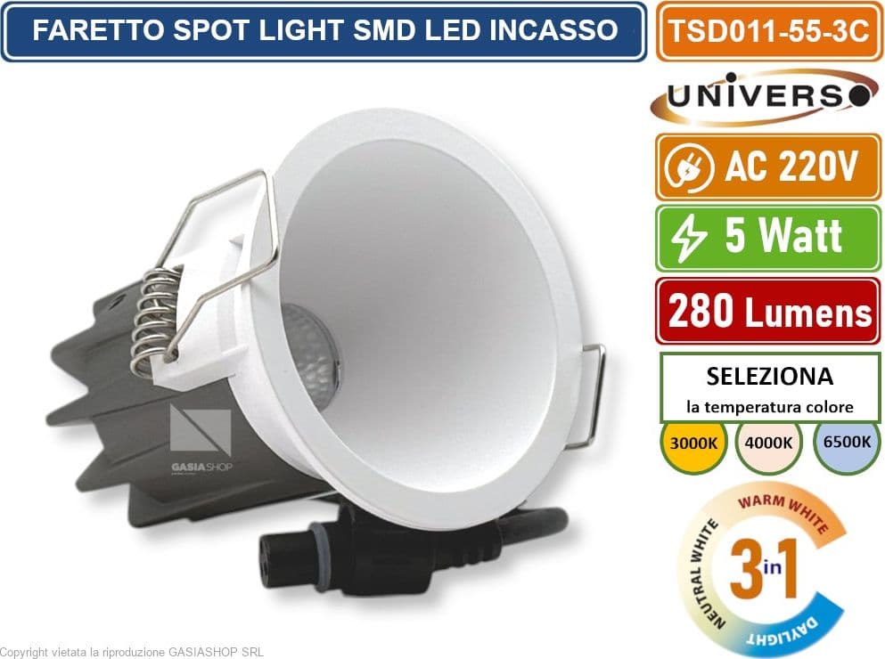 UNIVERSO TSD011-55-3C FARO FARETTO LED PUNTO LUCE SPOT LIGHT ROTONDO COLORE BIANCO DA INCASSO 5W CCT SWITCH IP20 - 2