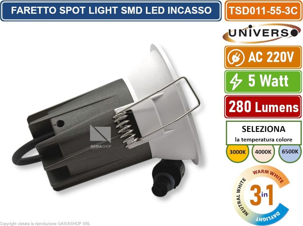 UNIVERSO TSD011-55-3C FARO FARETTO LED PUNTO LUCE SPOT LIGHT ROTONDO COLORE BIANCO DA INCASSO 5W CCT SWITCH IP20 - 4