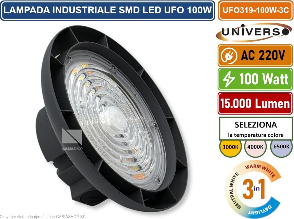 UNIVERSO UFO319-100W-3C UFO LAMPADA INDUSTRIALE SMD LED 100W HIGH BAY CCT SWITCH CAMBIA COLORE LUCE - 2