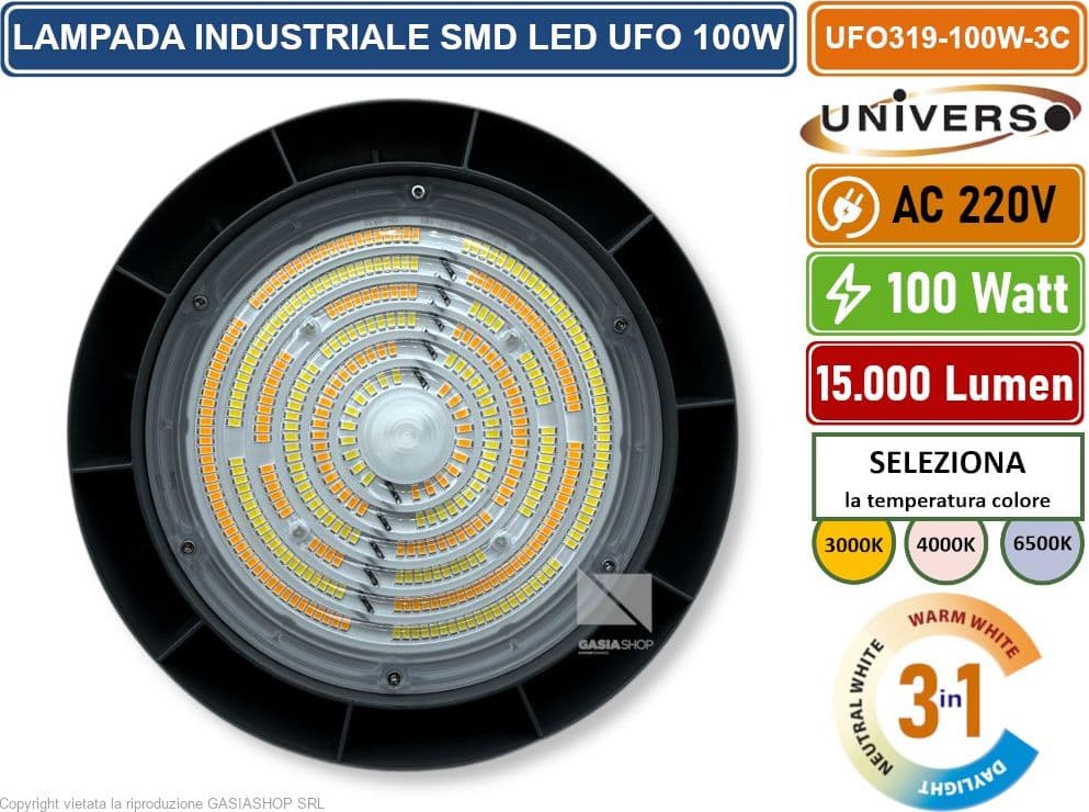 UNIVERSO UFO319-100W-3C UFO LAMPADA INDUSTRIALE SMD LED 100W HIGH BAY CCT SWITCH CAMBIA COLORE LUCE - 4
