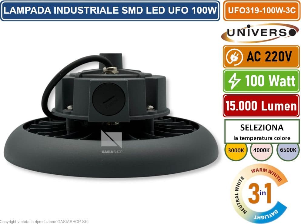 UNIVERSO UFO319-100W-3C UFO LAMPADA INDUSTRIALE SMD LED 100W HIGH BAY CCT SWITCH CAMBIA COLORE LUCE - 5