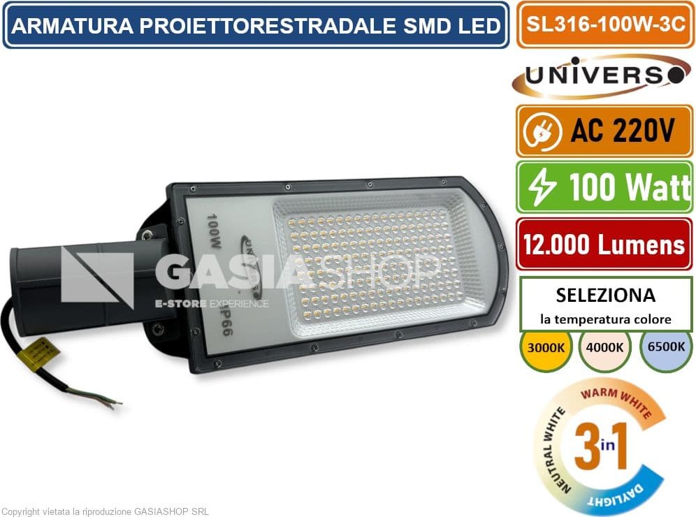 UNIVERSO SL316-100W-3C LAMPADA LAMPIONE ARMATURA STRADALE SMD LED 100W IP65 CCT SWITCH CAMBIA COLORE LUCE - 2