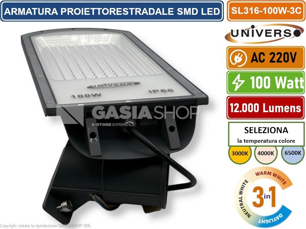 UNIVERSO SL316-100W-3C LAMPADA LAMPIONE ARMATURA STRADALE SMD LED 100W IP65 CCT SWITCH CAMBIA COLORE LUCE - 4