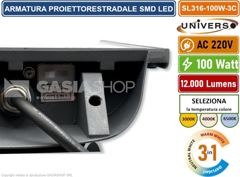 UNIVERSO SL316-100W-3C LAMPADA LAMPIONE ARMATURA STRADALE SMD LED 100W IP65 CCT SWITCH CAMBIA COLORE LUCE - 5