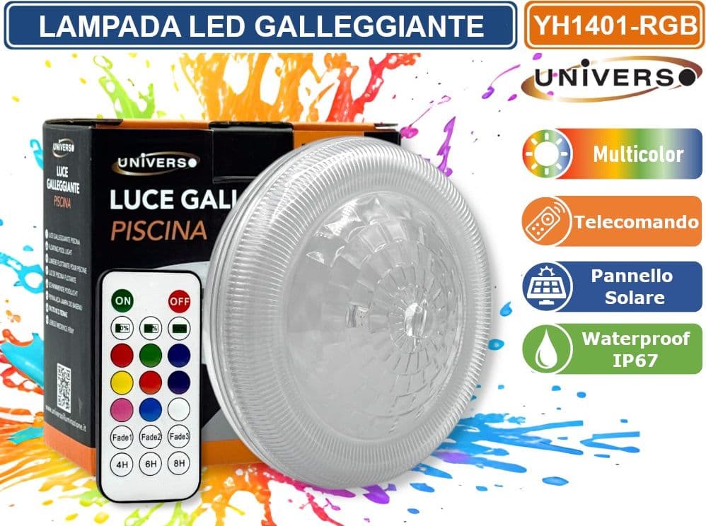UNIVERSO YH1401-RGB LAMPADA LED RGB GALLEGGIANTE SOLARE PER PISCINA 0,5W CON TELECOMANDO 24 TASTI, EFFETTI MULTICOLORE, BATTERIA RICARICABILE E PROTEZIONE IP67