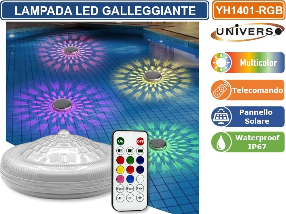 UNIVERSO YH1401-RGB LAMPADA LED RGB GALLEGGIANTE SOLARE PER PISCINA 0,5W CON TELECOMANDO 24 TASTI, EFFETTI MULTICOLORE, BATTERIA RICARICABILE E PROTEZIONE IP67 - 2