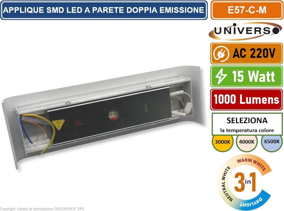 UNIVERSO E57-B3C LAMPADA APPLIQUE SMD LED BIANCA DA MURO 15W IP20 CON DOPPIO LED CCT SWITCH CAMBIA COLORE LUCE - 3