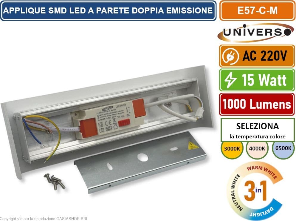 UNIVERSO E57-B3C LAMPADA APPLIQUE SMD LED BIANCA DA MURO 15W IP20 CON DOPPIO LED CCT SWITCH CAMBIA COLORE LUCE - 5