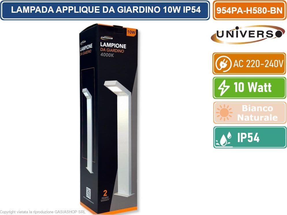 UNIVERSO 954PA-H580-BN LAMPADA APPLIQUE LED DA GIARDINO 10W SMD IP54 LAMPIONE BOLLARD DA TERRA COLORE BIANCO - 5