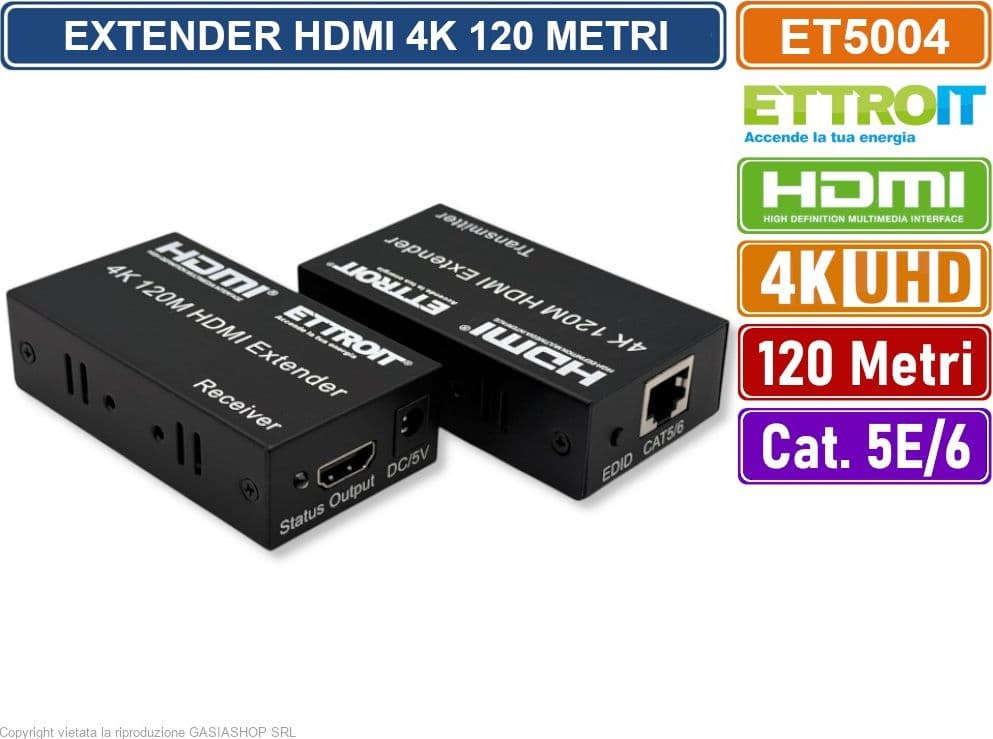 ETTROIT ET5004 EXTENDER ESTENSORE HDMI SU CAVO LAN CAT 5E CAT6 ULTRA HD 4K FINO A 120 METRI - 2