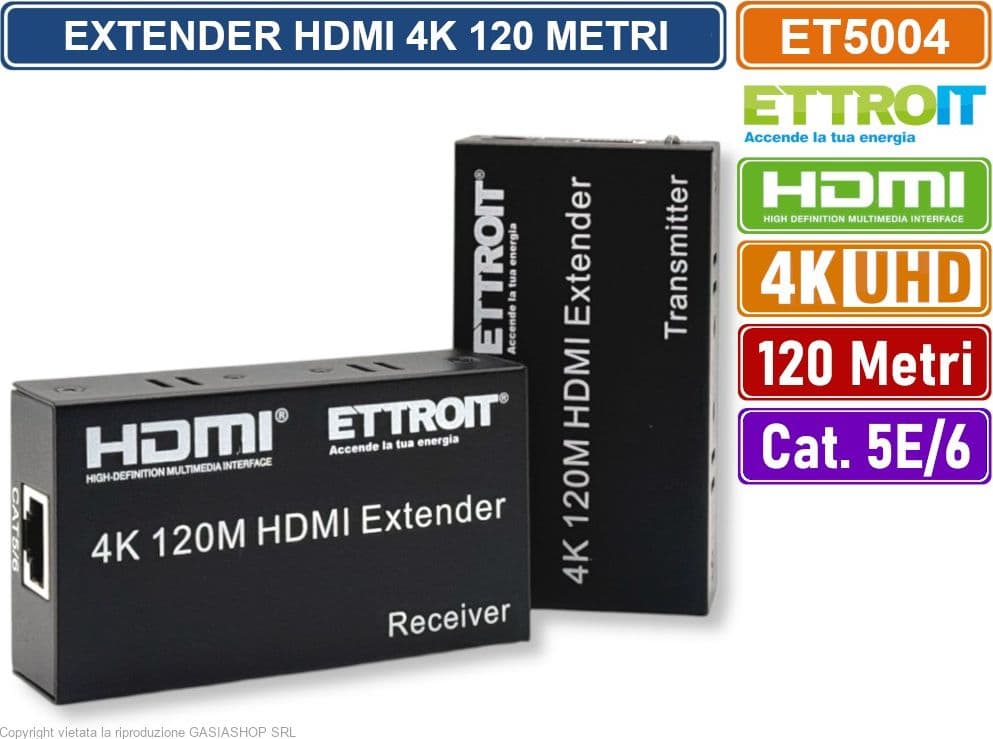 ETTROIT ET5004 EXTENDER ESTENSORE HDMI SU CAVO LAN CAT 5E CAT6 ULTRA HD 4K FINO A 120 METRI - 3