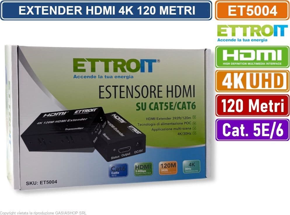 ETTROIT ET5004 EXTENDER ESTENSORE HDMI SU CAVO LAN CAT 5E CAT6 ULTRA HD 4K FINO A 120 METRI - 5