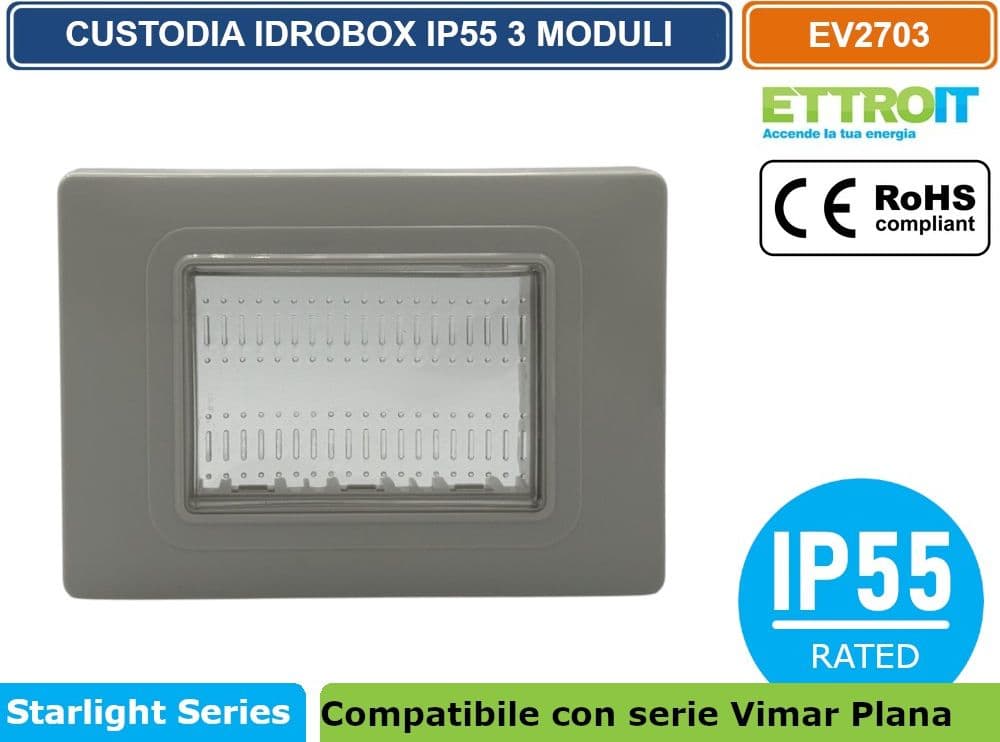PLACCA COPERTURA STAGNA 3M  IDROBOX 3 MODULI IP55 COMPATIBILE SERIE VIMAR PLANA - ETTROIT - 2