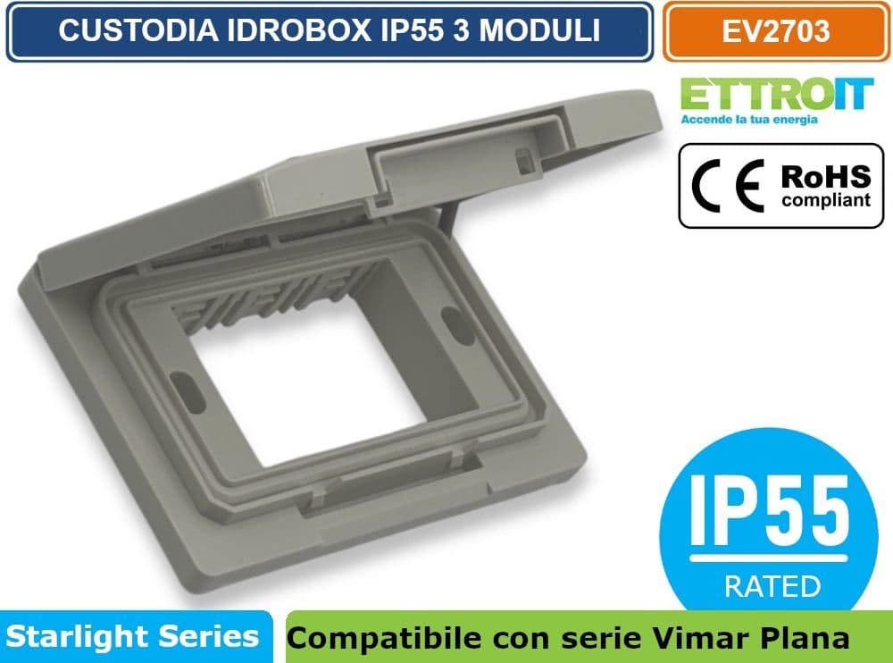 PLACCA COPERTURA STAGNA 3M  IDROBOX 3 MODULI IP55 COMPATIBILE SERIE VIMAR PLANA - ETTROIT - 3