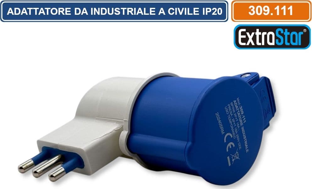 ADATTATORE INDUSTRIALE MONOFASE 1 SPINA ITALIANA 2P+T 16A E 1 PRESA CEE 2P+T 16A 250V IP20 - 2