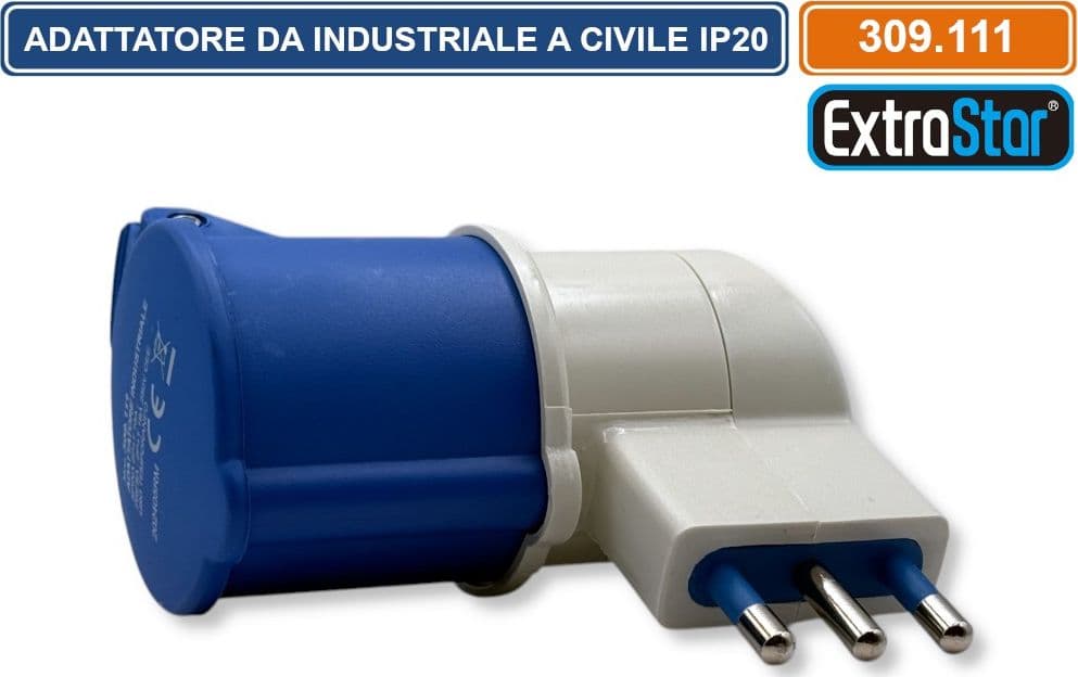 ADATTATORE INDUSTRIALE MONOFASE 1 SPINA ITALIANA 2P+T 16A E 1 PRESA CEE 2P+T 16A 250V IP20 - 3