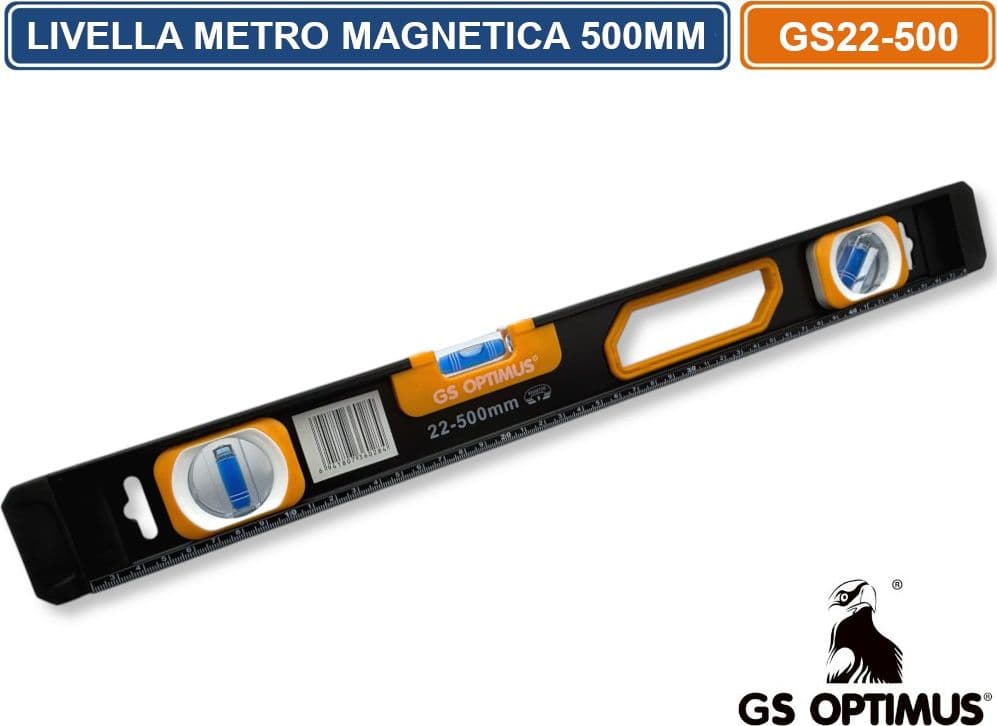 GS OPTIMUS GS22-500 LIVELLA METRO LINEARE MAGNETICA IN ALLUMINIO TRIPLA BOLLA DA 500MM