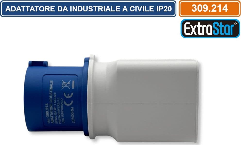 ADATTATORE INDUSTRIALE MONOFASE 1 SPINA CEE INDUSTRIALE 2P+T 6H E 1 PRESA SCHUKO + 10/16A 2P+T 250V IP20 - 5
